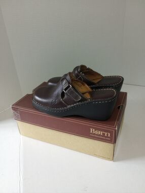 Born Brown Leather Wedge Slip-On Clogs